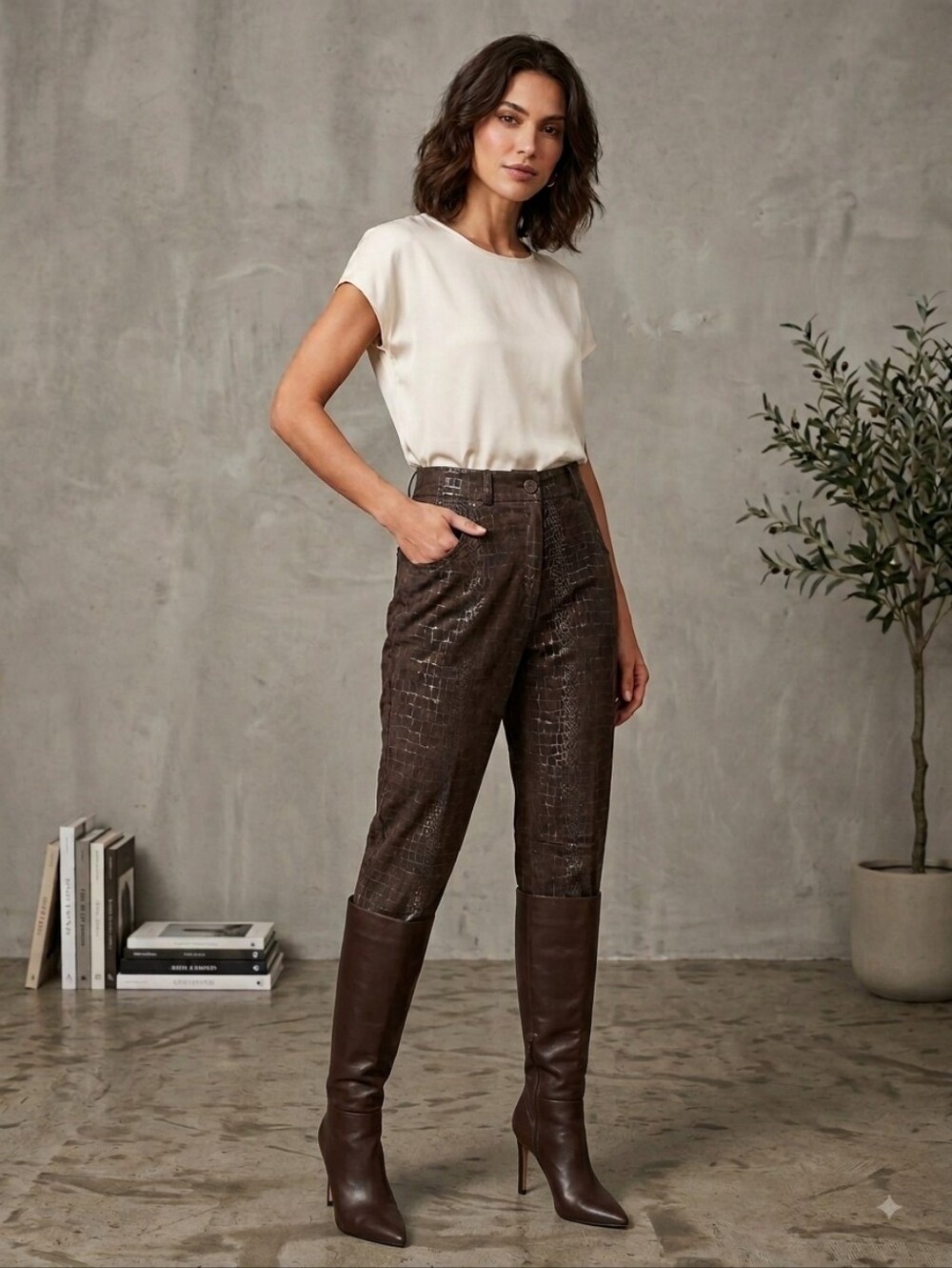 Y2k Paolo Santini Women’s Brown Leather Croc-Texture High-Rise Pants